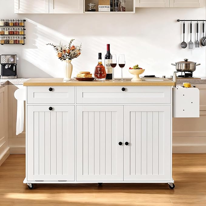 60.2" Kitchen Islands with Storage, Kitchen Island Cart with Trash Can Storage Cabinet, Rolling Kitchen Island Table with Drop Leaf & Power Outlet & Spice Rack & Towel Rack & Knife Holder, White