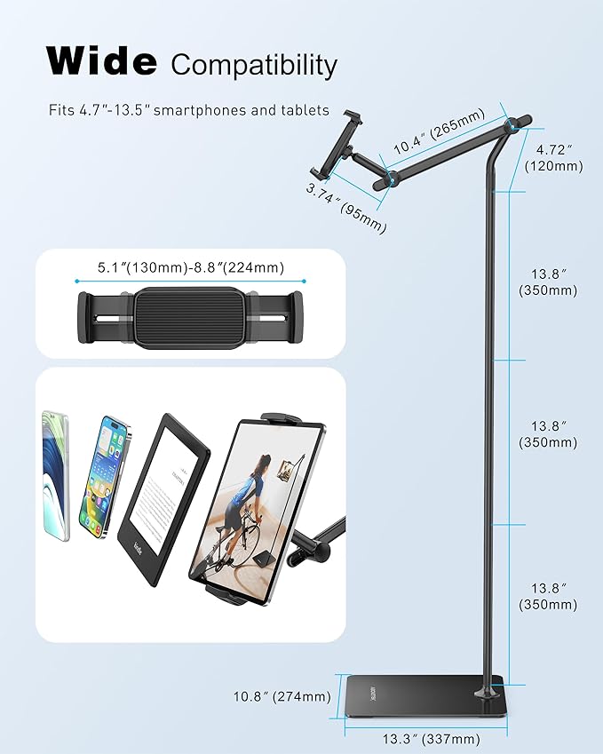 AboveTEK Tablet Floor Stand,Stylish Adjustable Height iPad Floor Stand with Stable Base,Aluminum 360° Rotation Holder for Sofa Bed,Fits 4.7-13.5"iPad Pro 12.9/Air/Mini,Galaxy Tab,iPhone,Kindle(Black)