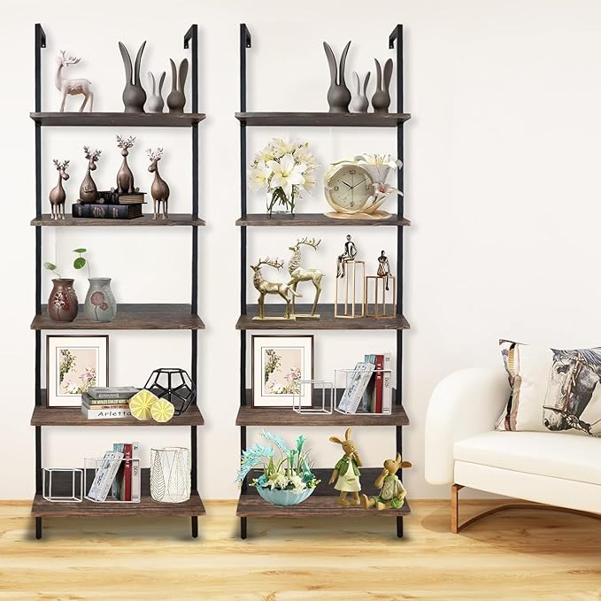 5 Tiers Ladder Shelf Brown Modern Bookshelf Open Tall Wall Mount Bookcase Standing Leaning Wall Shelves Industrial Decorative Living Room Bed Room