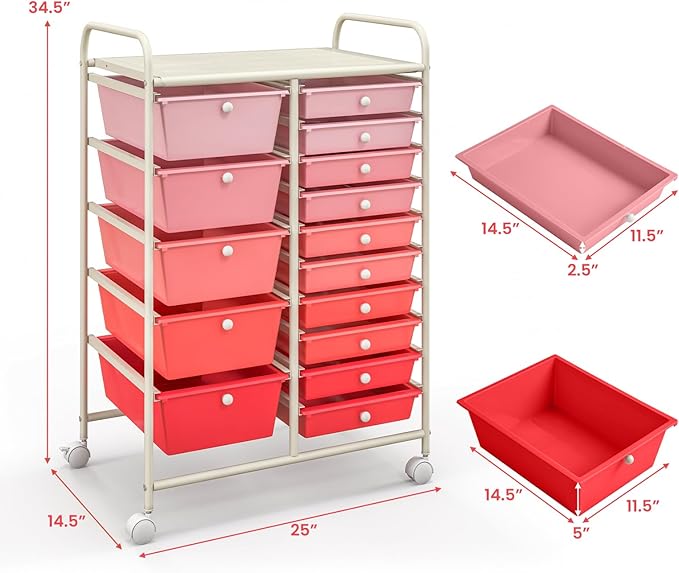 Giantex 15 Drawers Rolling Cart, Classroom Organizers, Storage Cart with Wheels, for Teacher Office Home School Supplies Tool Craft Art Paper