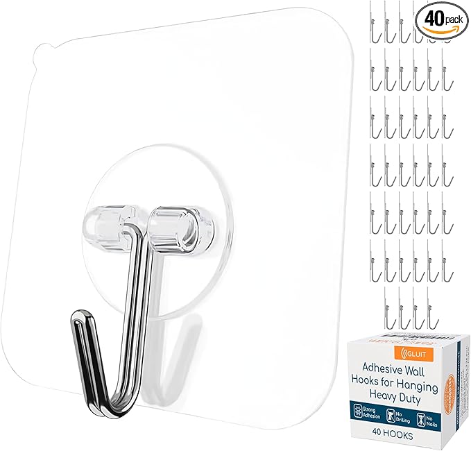 GLUIT Adhesive Wall Hooks for Hanging Heavy Duty 22 lbs Hooks for Walls No Damage, Towel Sticky Clear Hooks, Waterproof, Home, Bathroom, Kitchen, Office, and Outdoor, 40 Pack