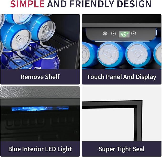 48 Can Beverage Refrigerator Cooler, Mini Fridge Glass Door with Adjustable Shelves, Freestanding Beverage Fridge with Blue LED for Home/Office/Dorm/Bar, 1.3 Cu.ft
