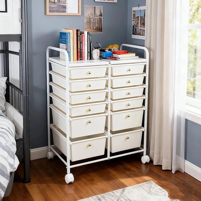 White 12 Drawers Rolling Storage Cart With Drawers, Multipurpos Plastic Storage Trolley, Rolling Carts With Wheels, Craft Corner Storage Organizer for Kitchen Bathroom Garage Salon Shop Office