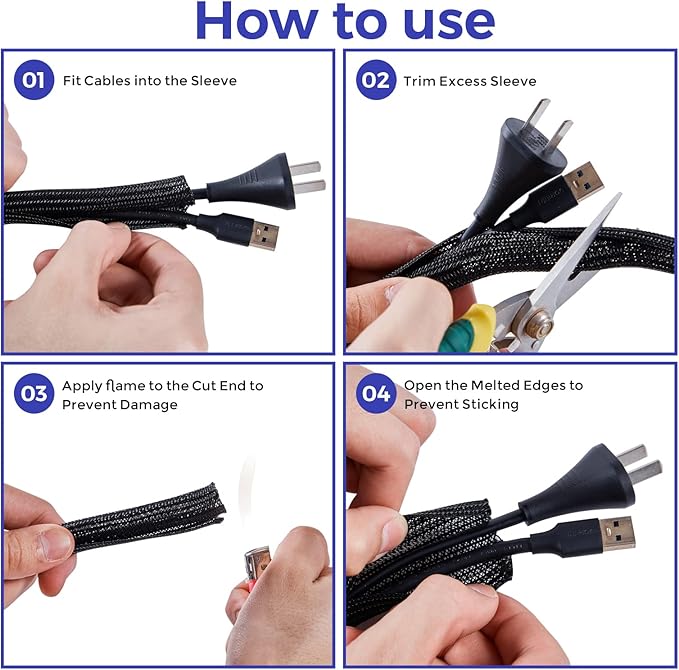 Cable Management Sleeves 1in - 2 Pack 6.6ft Split Braided Cable Sleeve White, Cord Protectors from Pets, Wire Organizers for Cords, Flexible Cord Wrap Wire Sleeve for Computer Cord Organizer