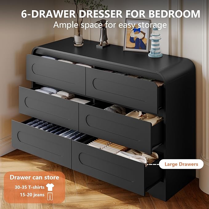 Black Dresser, Modern 6 Drawers Dressers & Chest of Drawers with Pre-installed Slide&Curved Profile Design, 47" Wide Wood Closet Clothes Storage Dressers Organizer for Bedroom Living Room Hallway
