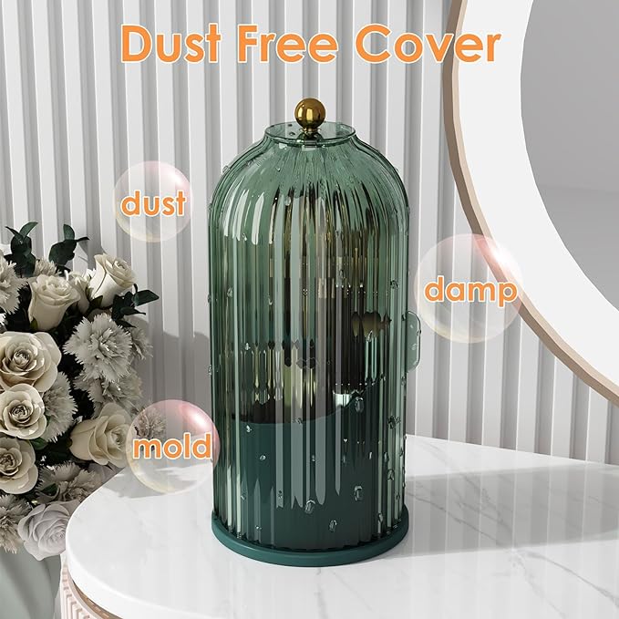 Makeup Brush Holder with Lid 360 Rotating Clear Dustproof Make Up Organizers for Vanity Bathroom Countertop, Green