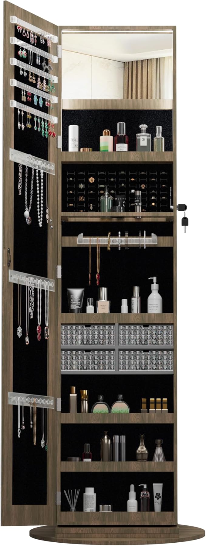 Montary 360° Rotating Jewelry Cabinet with Full-Length Mirror - Freestanding Jewelry Armoire with Lockable Storage, Built-In Lighted Mirror & Back Display Shelves,Brown