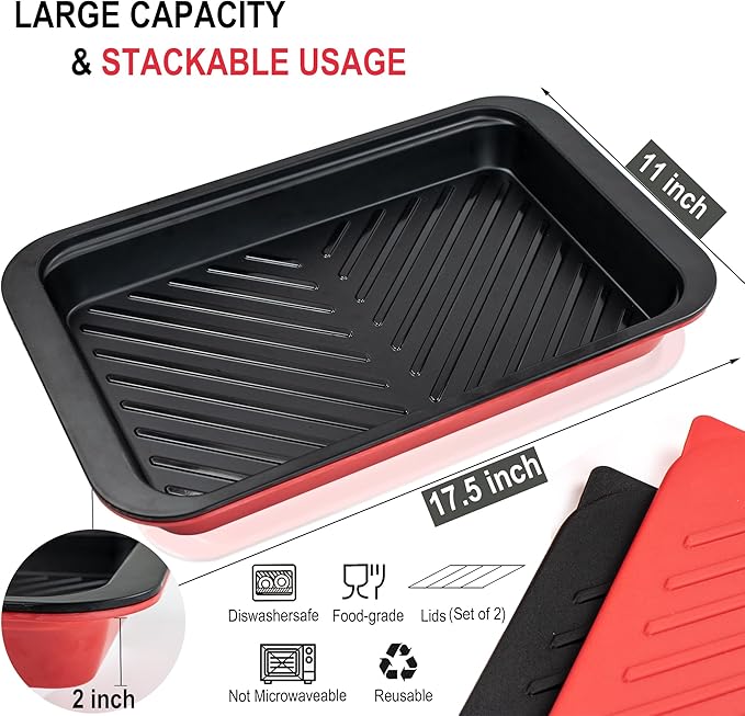 Bamboo Grilling Prep and Serve Trays with lid, BBQ Tray for Marinating Raw and Cooked Food, Diswasher Safe Nesting Trays Black in Red