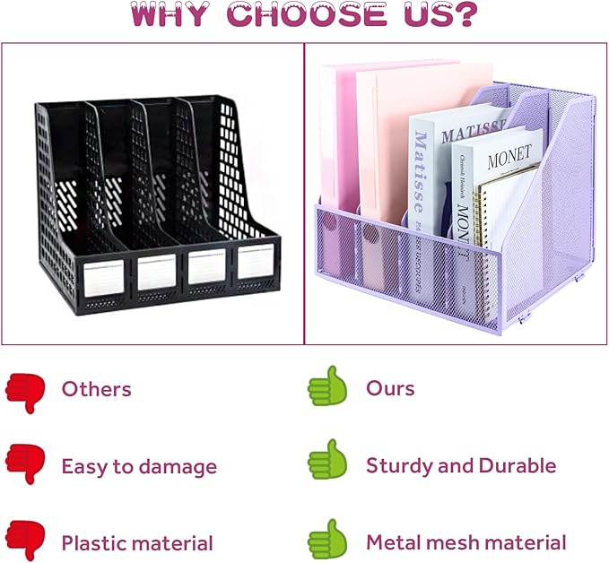 Desk Organizers, Metal Magazine File Holder with 4 Vertical Compartments Rack Binder File Organizer for Office Supplies, Home Workspace - Purple