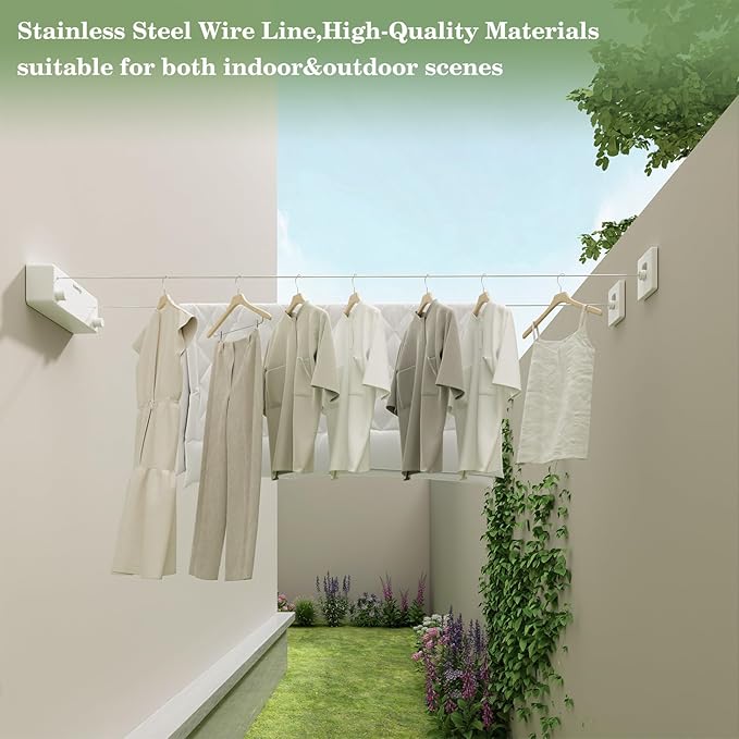 Danpoo Retractable Clothesline, 2x13.8ft Stainless Steel Clothes Line for Indoors/Outdoors, Wall-Mounted Laundry Drying with Auto-Lock, Heavy Duty(White)