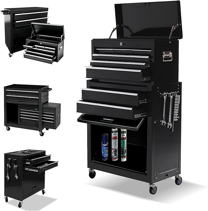 8-Drawer High Capacity Rolling Tool Box with Wheels,Rolling Tool Chest with Drawer,Tool Box on 4 Wheels with Lock, Tool Storage Cabinet Removable Portable Box for Garage Warehouse (Black)