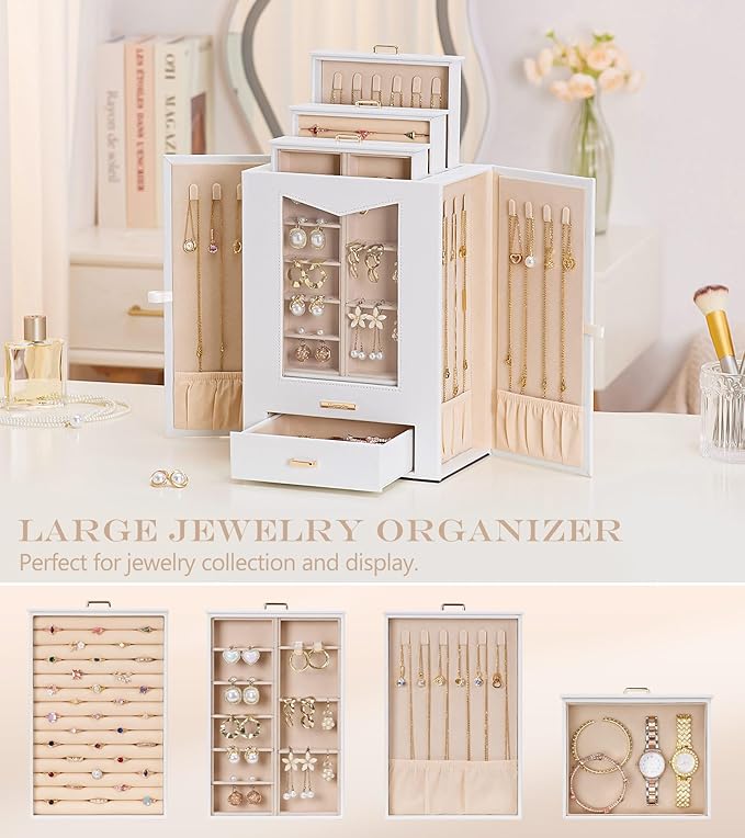 Homde Jewelry Organizer with Transparent Window Necklace Hooks Gift for Women Jewelry Box Display Case for Necklaces Rings Earrings Bracelets and Other Jewelry Accessories (White + Gold)