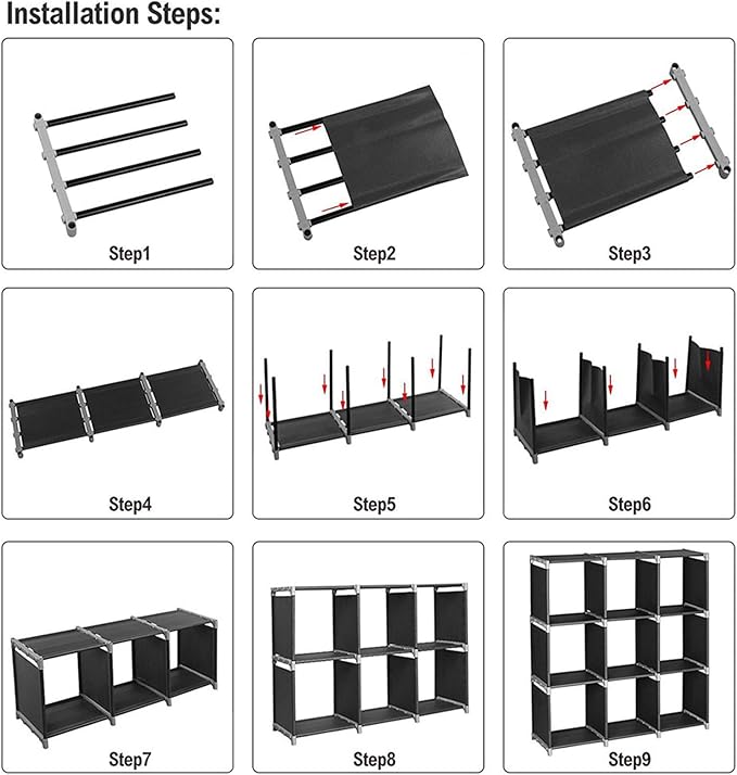 3-Tier 9-Cube Storage Shelf Organizer, Metal Tube and Non-Woven Fabric Storage Rack for Bathroom, Bedroom, or Living Room, Space-Saving & Easy to Assemble