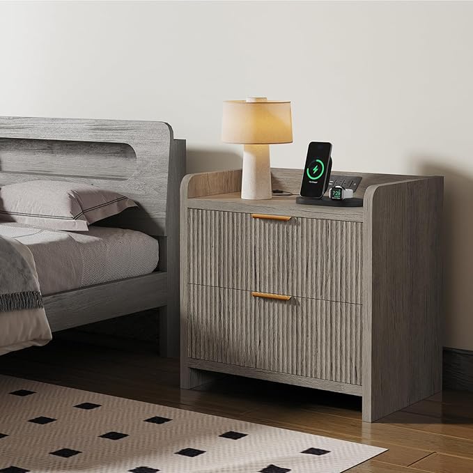 Fluted Nightstand with Charging Station, 23.6" Modern Night Stand with 2 Drawers, Side Table with Storage, Bedside Table for Bedroom, Living Room, Grey