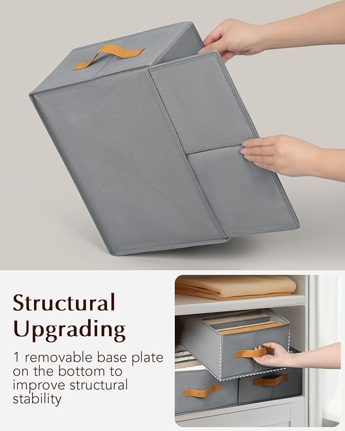 Clothes Organizers and Storage - 4/5/7 Grids Fabric Jeans Organizer with Handles, Foldable Closet Organizers Dividers, Wardrobe organizer for Pant, Sweater, T-shirt, Scarf, 3 Pack, Pale Grey