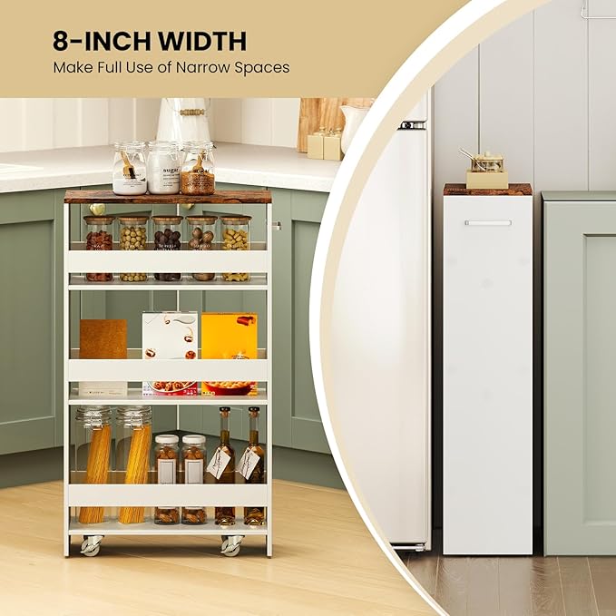 Small Kitchen Cart, 4-Tier Slim Rolling Island w/Handle, Laundry Room Storage Organizers Between Washer and Dryer, Narrow Spice Rack on Wheels Next to Fridge (White & Rustic Brown, 8'')