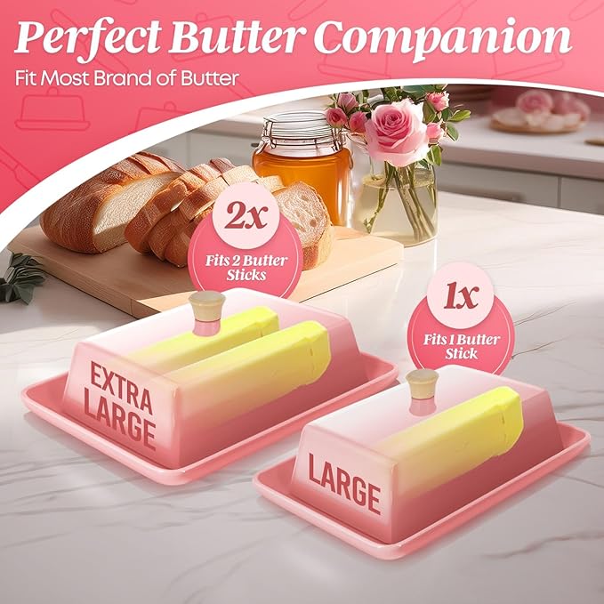 Flexzion Ceramic Pink European Butter Dish with Lid for Countertop (7 Inch) - Wide 2 Stick Double Butter Holder for Counter, Cream Cheese Container Storage Keeper