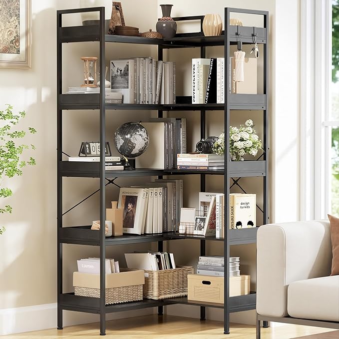 KOUSEI 5-Tier Corner Bookshelf, Reversible L-Shaped Bookcase with 4 Hooks, 65" Industrial Wood & Metal Storage Shelf for Living Room, Home Office & Bedroom, Black