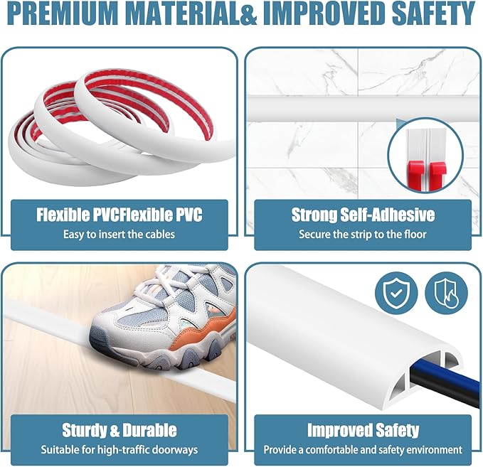 Floor Cord Covers for Wires 20FT Cable Hider Wire Coverr Self Adhesive Cord Hider Floor for Offices, Homes, Workshops, Warehouses Cable Cavity 0.47" W x 0.27" H