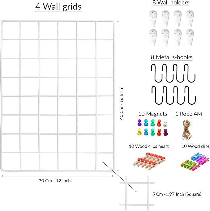 ODOXIA 4-Pack Wire Wall Grid Panel | Photo Grid Wall Decor | Metal Grid Board for Hanging Pictures | Black Wire Grid Organizer for Home, Office & Kitchen | Wall Grid Panel for Display & Storage