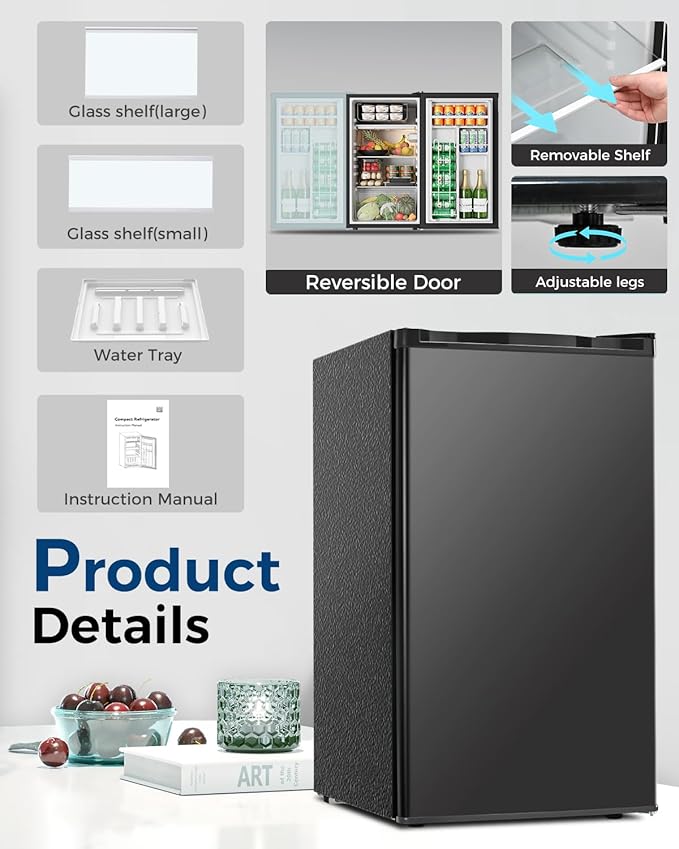 Mini Fridge with Freezer - 3.2 Cu.Ft Single Door Mini Refrigerator with Adjustable Thermostat, Small Fridge for Bedroom, Apartment, Dorm - Black