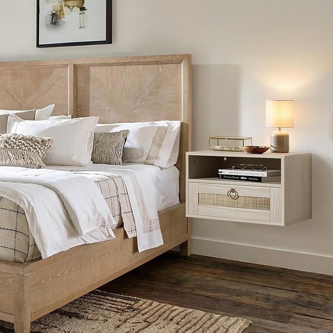 Floating Nightstand with Drawer for Wall Mounted Hanging Rattan Night Stand Bed Side Tables Wooden End Table Small Boho Dressers Farmhouse Shelves for Bedroom