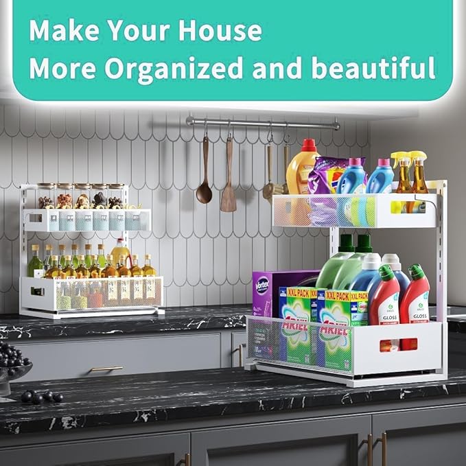 Under Sink Organizer Adjustable Height 2 Tier Bathroom Organizer Pull Out Cabinet Organer kitchen organizers and storage fridge organizers and storage,White,XL-1 Pack