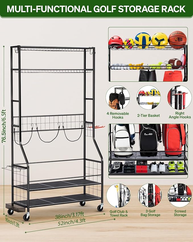 Golf Bag Storage Garage Organizer, 3 Golf Bag Stand and Sports Equipment Storage Rack for Garage with Wheels, 4 Hooks, Golf Accessories Storage Rack with Extra Golf Clubs Display Rack