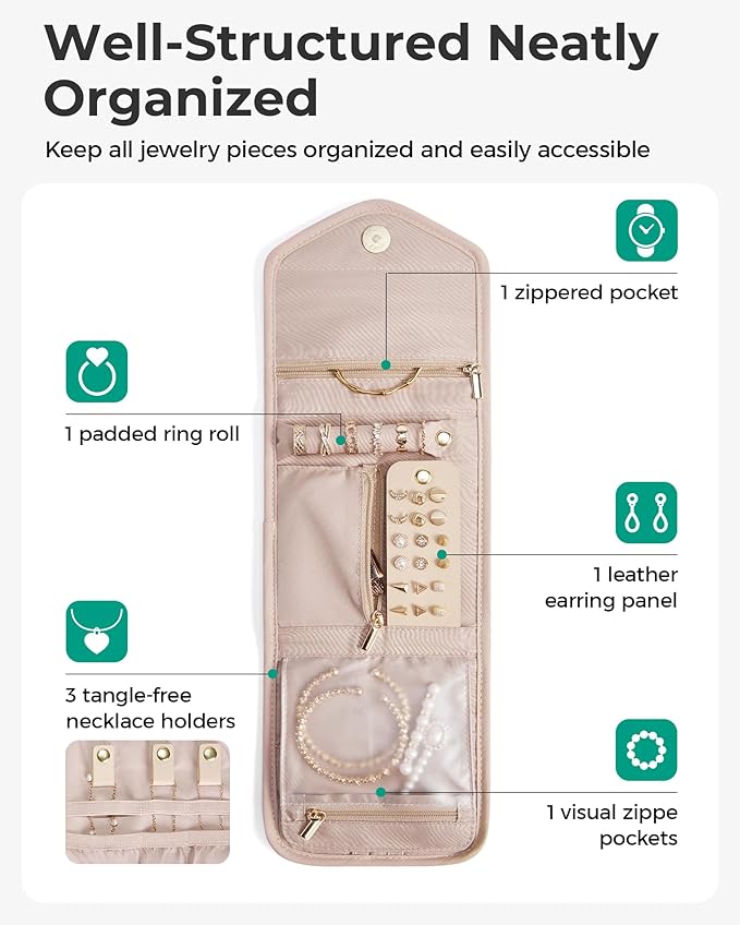 BAGSMART Travel Jewelry Organizer Case C Initial Foldable Jewelry Roll for Journey Rings, Necklaces, Earrings, Bracelets,Mini,Letter C,Soft Pink