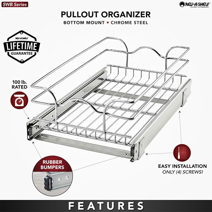 Rev-A-Shelf Kitchen Cabinet Pullout Shelf and Drawer Organizer Slide Out Pantry Storage Basket in Multiple Sizes, 12 x 20 In, 5WB1-1220CR-1