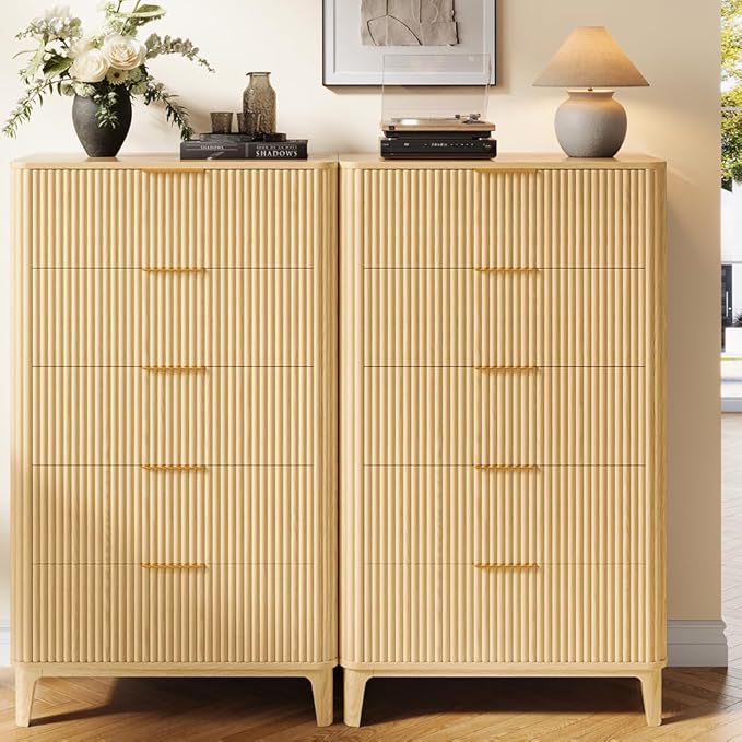 Fluted Dresser for Bedroom with 5 Drawers Set of 2, 45" Large Closet Clothes Wood Tall Dresser Storage Organizer, Mid Century Modern Chest of Drawers with Deep Storage Natural
