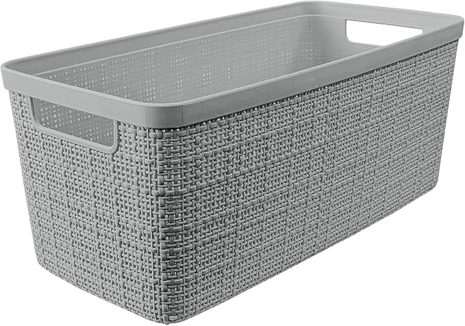 Curver Set of 8 Slim 6.8L Jute Decorative Plastic Organization and Storage Baskets - Perfect Bins for Home Office, Closet Shelves, Kitchen Pantry and All Bedroom Essentials, Grey