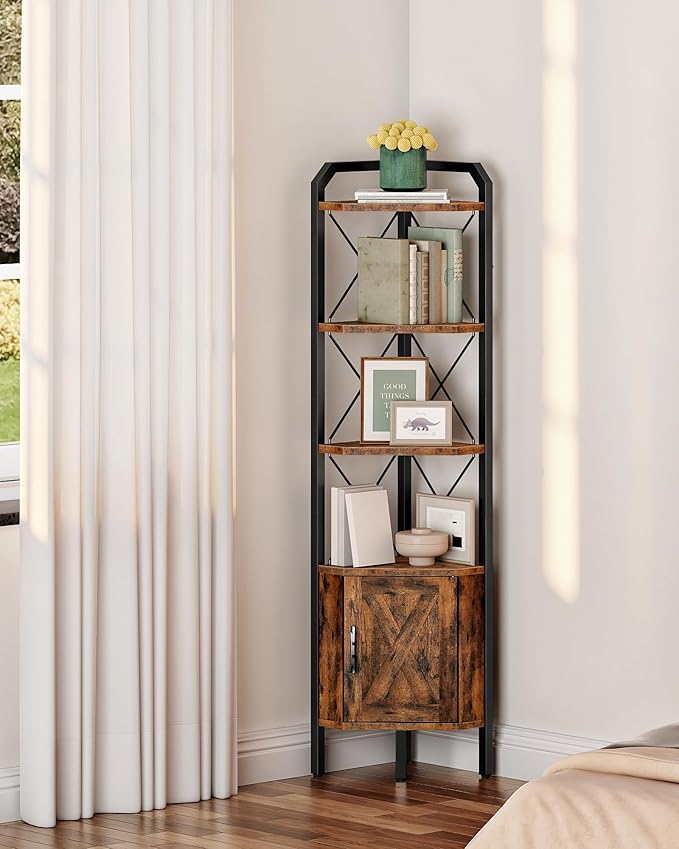 62.2" Corner Shelf with Cabinet, 4-Tier Tall Corner Bookshelf with X-Shaped and Diamond Design, for Living Room, Bedroom, Bathroom Storage, Rustic Brown and Black