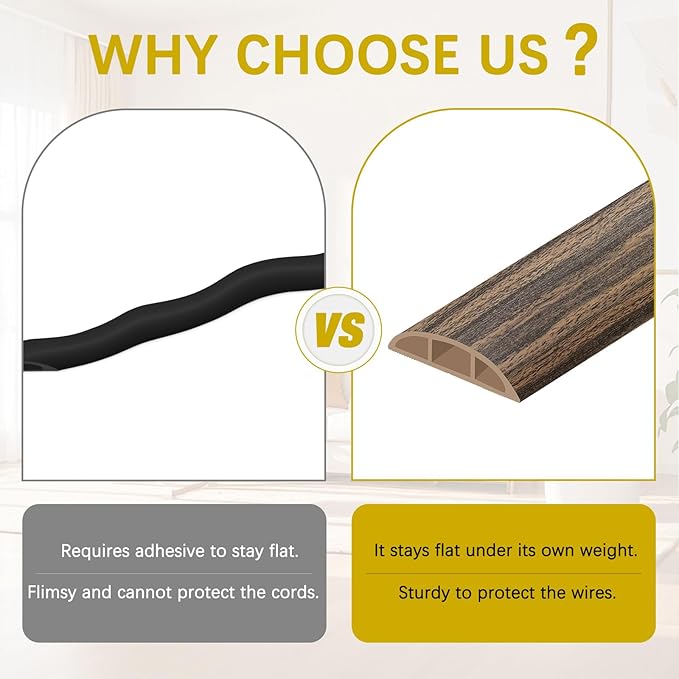 Floor Cord Cover 10FT Cord Covers for Wires on Floor Protect Wires & Prevent Trip Hazards, Easy to Cut for Home, Office, School, Concerts, Cavity W0.6in x H0.32in