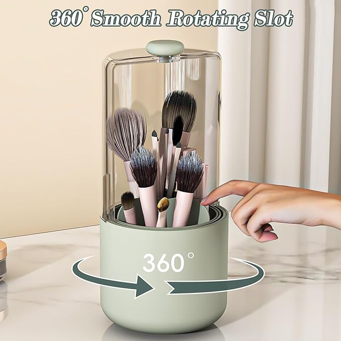 Makeup Brush Holder with Dustproof Cover, Clear 360 Rotating Make Up Brushes Organizer for Counter Vanity Bathroom, Sage Green