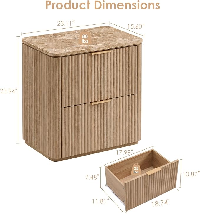 Fluted Nightstand with 2 Drawers, Bedside Table with Faux Marble-Top, Engineered Wood End Table with Curved Corners, Metal Handle, Modern Night Stand for Bedroom, Small Spaces, Natural Oak