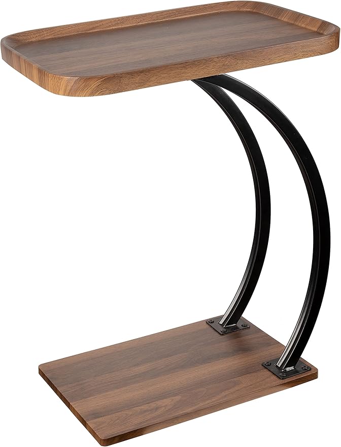 C Shaped end Table,2tier Large Tray Wood top,Easy Install Heavy Duty Side Table,TV Tray for Couch Sofa