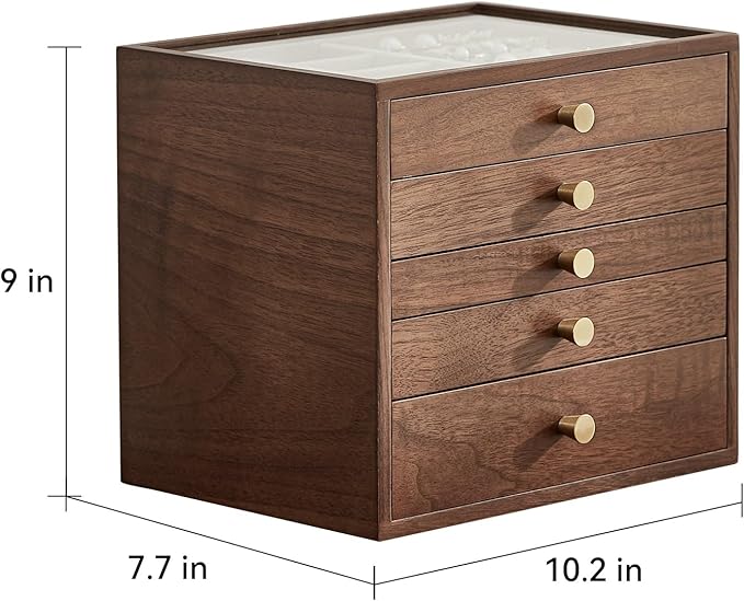 CHOSIN Black Walnut Wooden Jewelry Box Women large 5 Level Drawer Organizer Box with Glass Lid for Necklaces Watch Necklace Ring Earring Storage Christmas Gifts