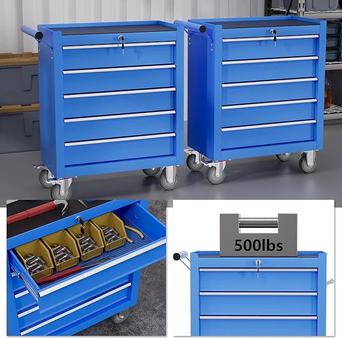 5-Drawer Tool Chest,Rolling Tool Cart with Wheels,High Capacity Tool Cabinet with Locking System for Garage, Warehouse, Workshop-Blue