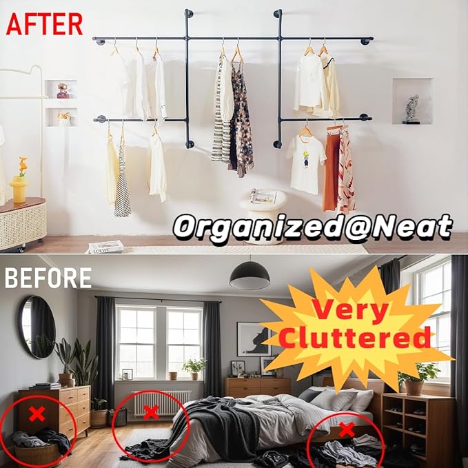 Industrial Pipe Clothes Rack Wall Mounted Clothing Rack,Heavy Duty Iron Pipe Garment Rods,Detachable Multi-Purpose Clothing Hanging Rod/Garment Bar, Black