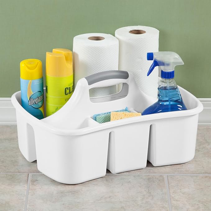 Sterilite Divided Ultra Caddy, Plastic, Portable Storage to Hold Bathroom and Cleaning Supplies, 5 Large Compartments and Handle, White, 18-Pack