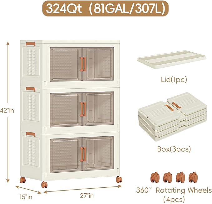 JEKO&JEKO 648 Qt Plastic Storage Bins with Lids, Doors & Wheels, 6 Pack Extra Large Stackable Collapsible Storage Cabinets and Closet Organizers for Home Office, Cream