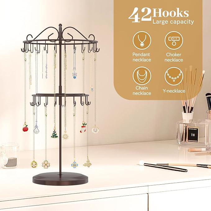 MODOWEY Rotating Necklace Holder Organizer Display Stand with 42 Hooks, 2 Tier Adjustable Metal Tree for Long Necklace Hanger Selling, Tall Spinning Bracelet Storage Rack for Men Women, Espresso Brown
