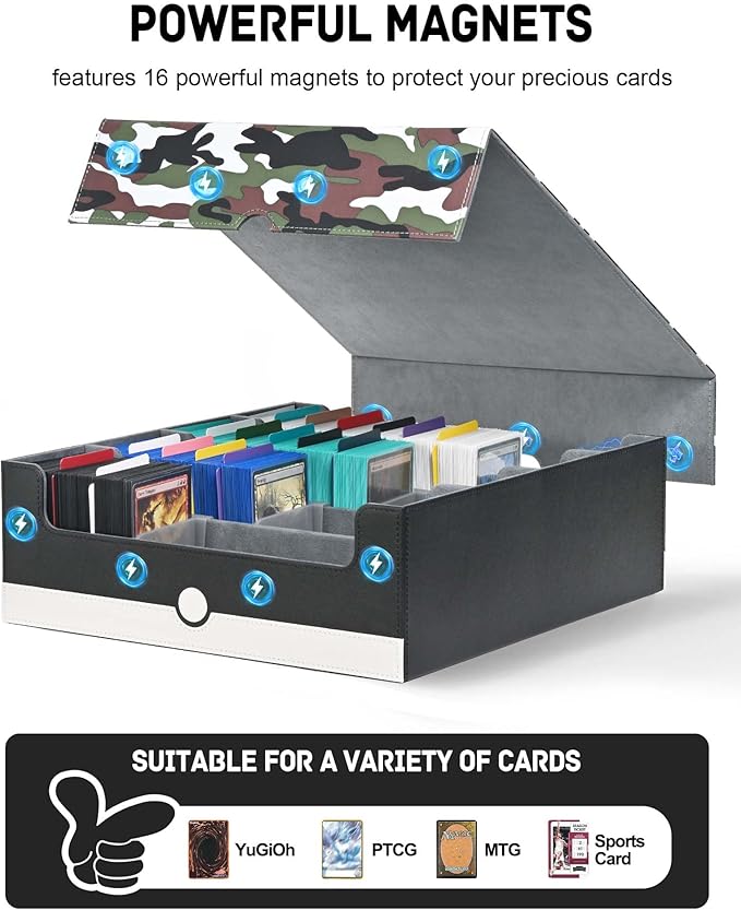 ZLCA Card Storage Box for MTG PTCG, Commander Deck Box Holds 3200+, Deck Storage Case with 4 Stoppers(Camouflage& White)