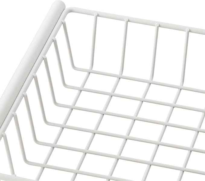 TRINITY 4-Tier Freestanding Metal Shelving Rack with Wire Baskets, Wood Top, and Adjustable Feet, 12"x12"x30", White + Gray-Wash Top