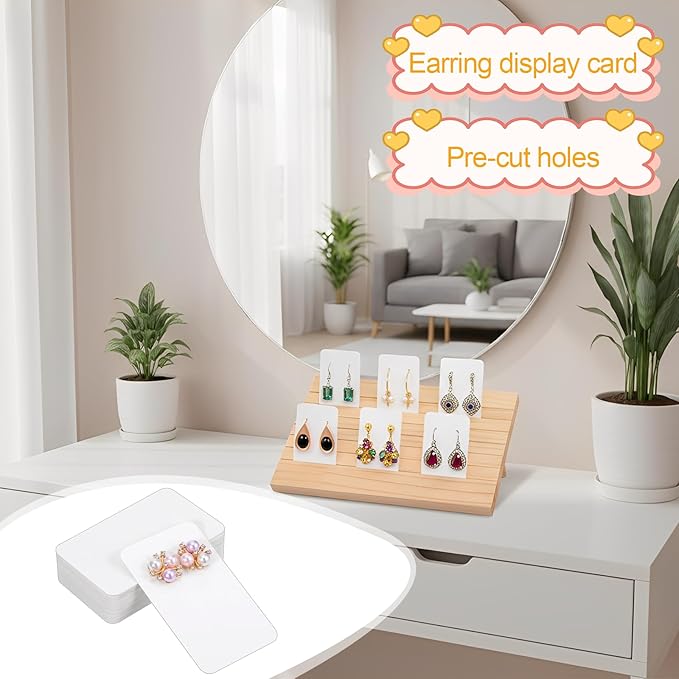 2 Pcs Natural Wood Earring Display Stands with 60 Pcs Earrings Display Cards, 7 Slots Wood Earrings Card Holder, Jewelry Displays Holder with Earring Cards, Jewelry Stands for Selling