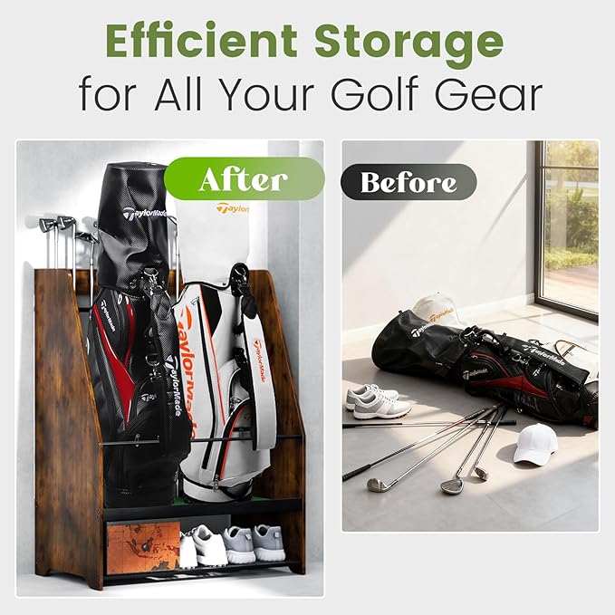 Golf Bag Organizer Rack – Large Wooden Golf Storage for 2 Bags, Clubs & Accessories with Dustproof Drawer, Sports Equipment Rack for Garage, Practice Room, Home or Office (Black)