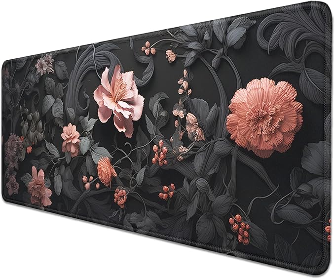 Black Art Flowers Mouse Pad,Large Vintage Floral Mousepad Desk Pad with Stitched Edges,Non-Slip Waterproof Rubber Base Mouse Mat for Office Computer Keyboard Laptop Home(27.5x11.8 in)