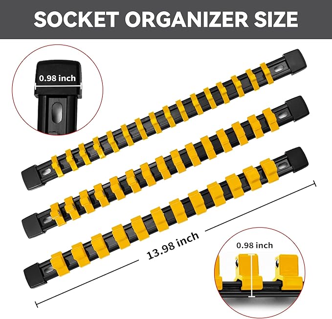 Socket Organizer Drive ABS Tools - Yellow Socket Holder, Premium Quality 9 Pieces Socket Holders Kit 1/4-Inch x 48 Clips, 3/8-Inch x 45 Clips, 1/2-Inch x 36 Clips（9PC,Yellow)