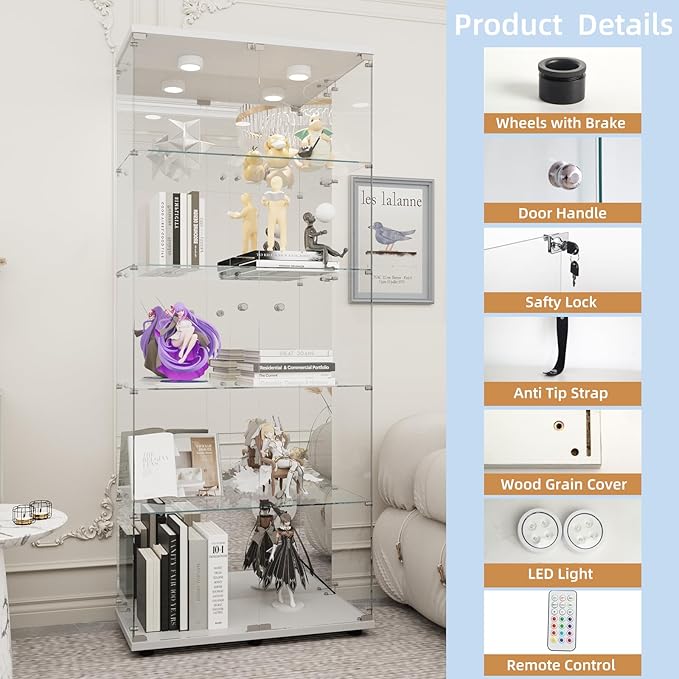 Beauty4U Glass Display Cabinet with LED Lights and Mirror, 5 Shelves with 2 Doors, Curio Cabinets for Living Room, Bedroom, Office, White Floor Standing Glass Bookshelf, Quick Installation